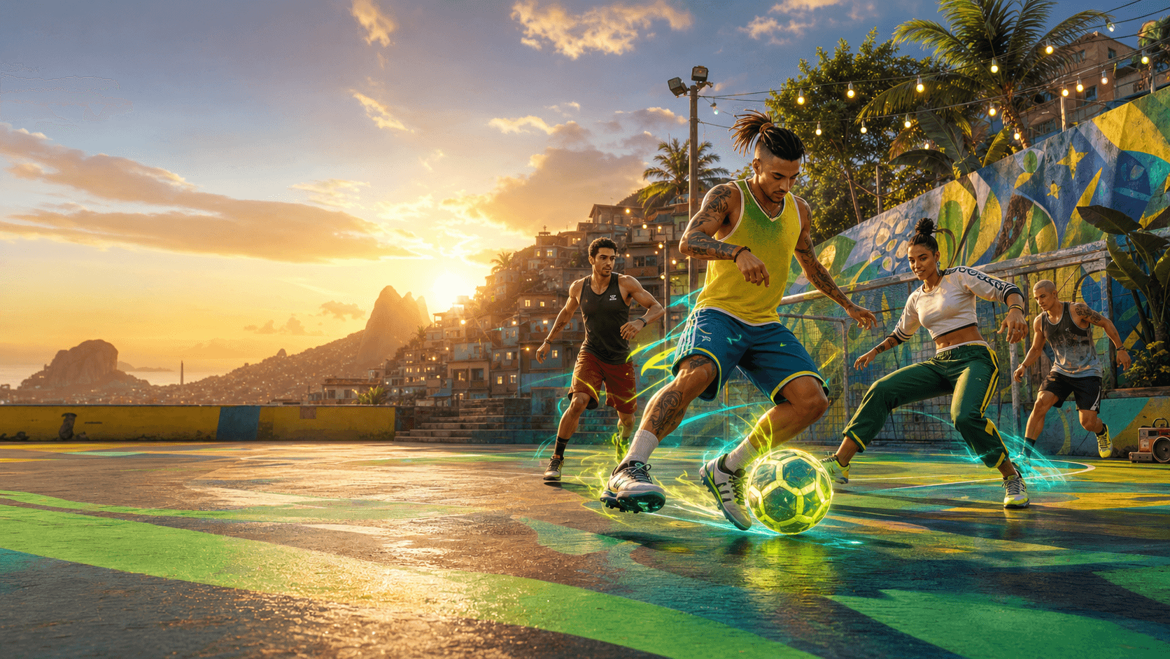 Jogadores do Ginga Game em uma quadra brasileira iluminada pelo pôr do sol.